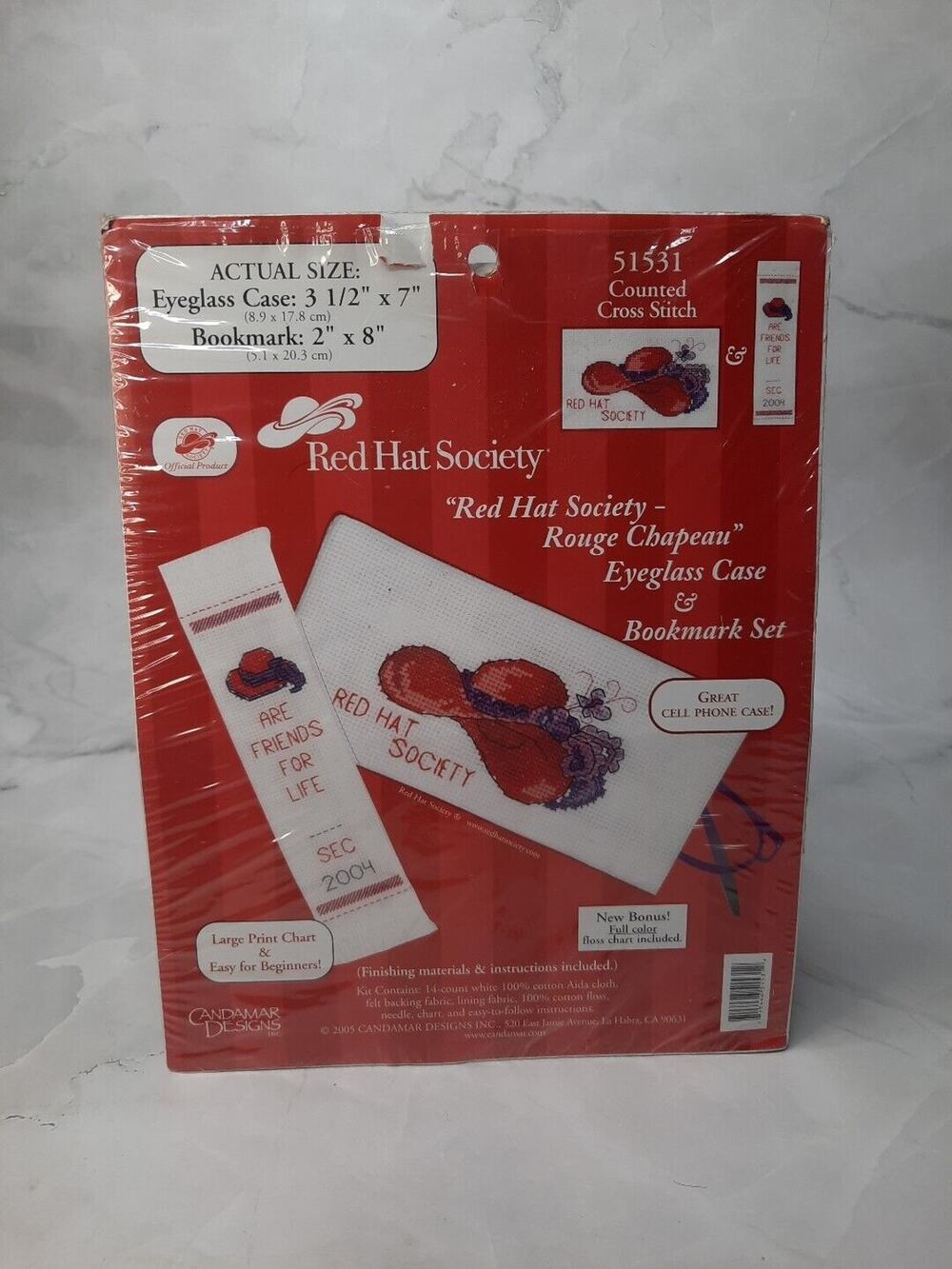 Candamar Designs Red Hat Society Eyeglass and Bookmark Cross Stitc Kit New